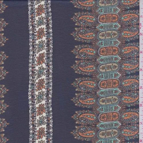 4 YD PC-Deep Navy/Orange Paisley Stripe Chiffon Fabric