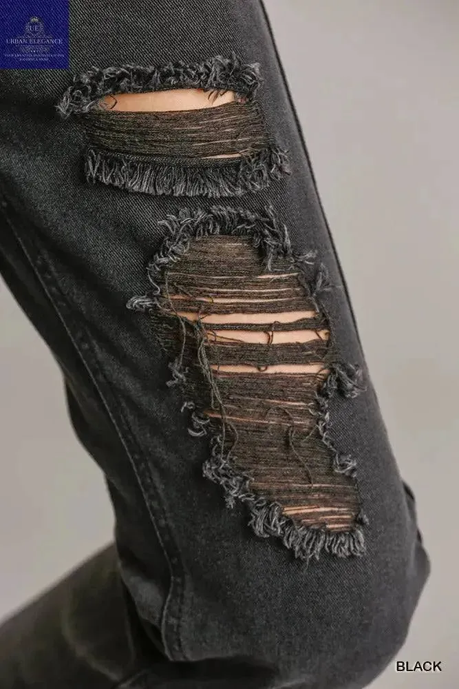 Black Distressed Denim Jeans With Raw Hem