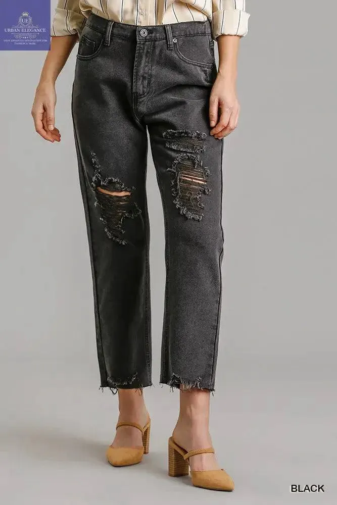 Black Distressed Denim Jeans With Raw Hem