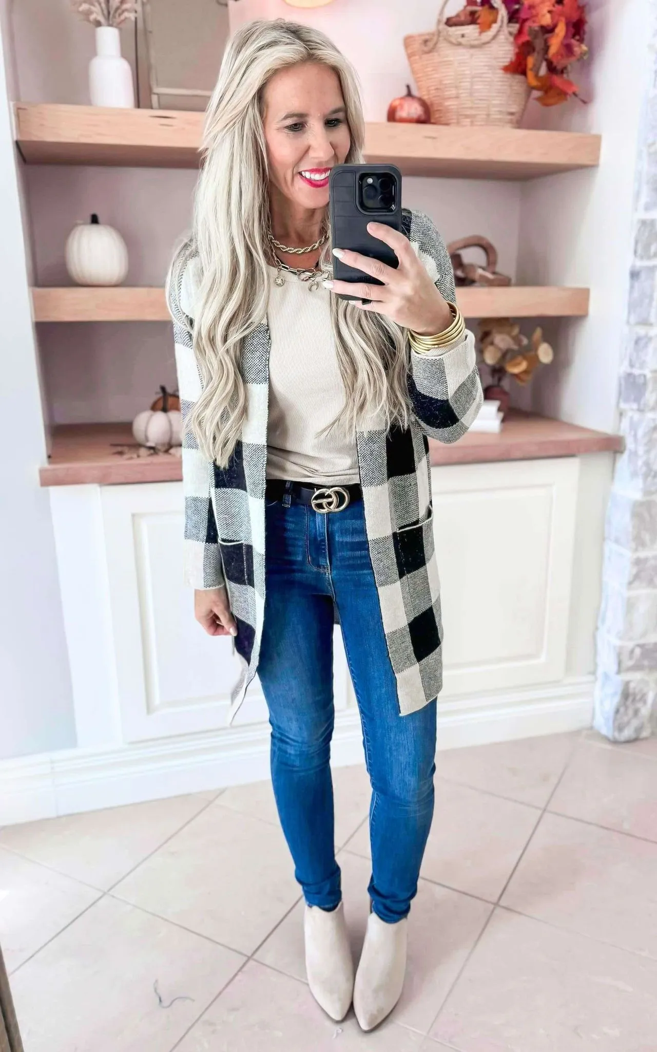 Black Oatmeal Checked Long Cardigan