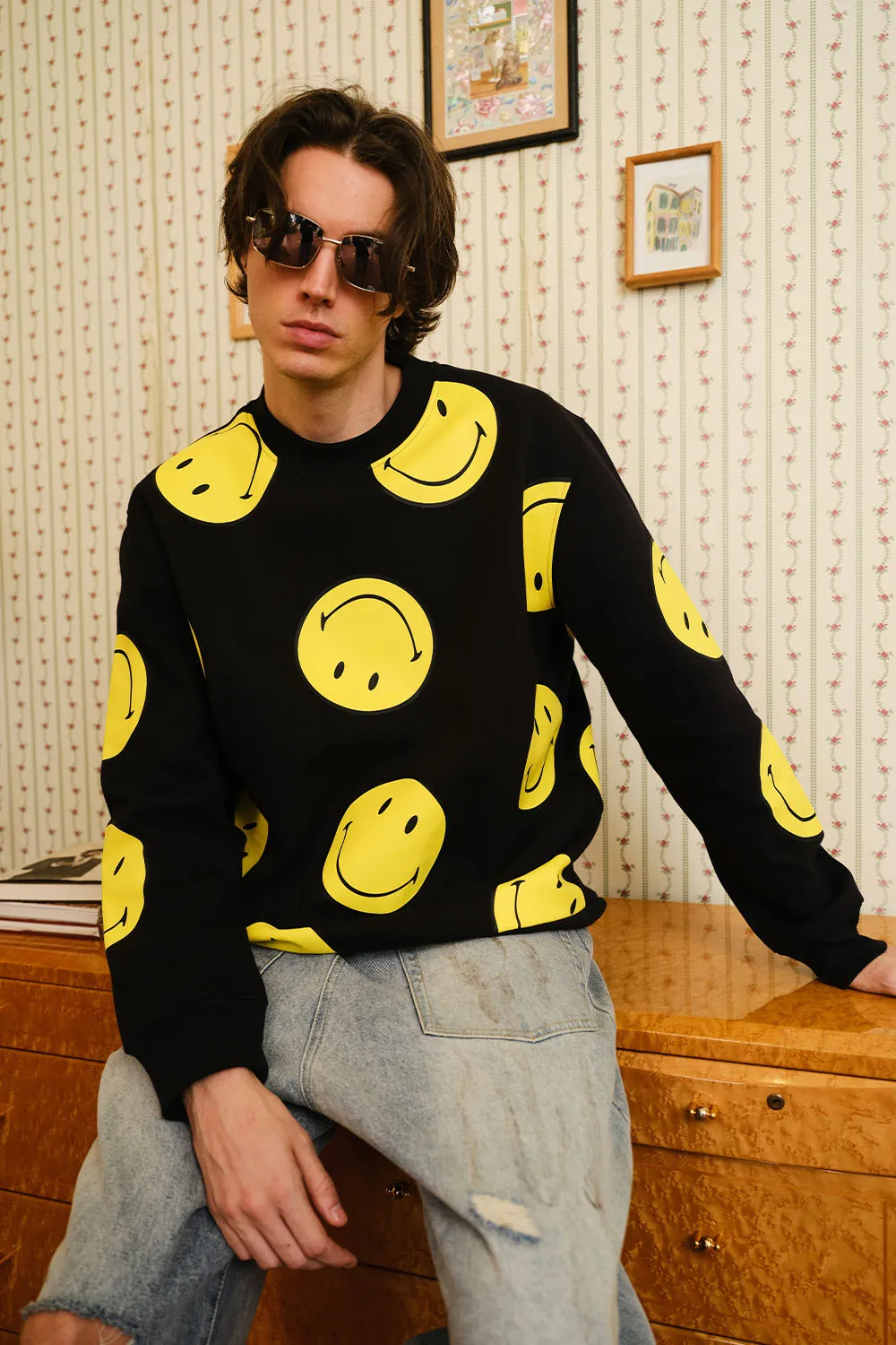 Black Smiley Originals All Over Sweatshirt