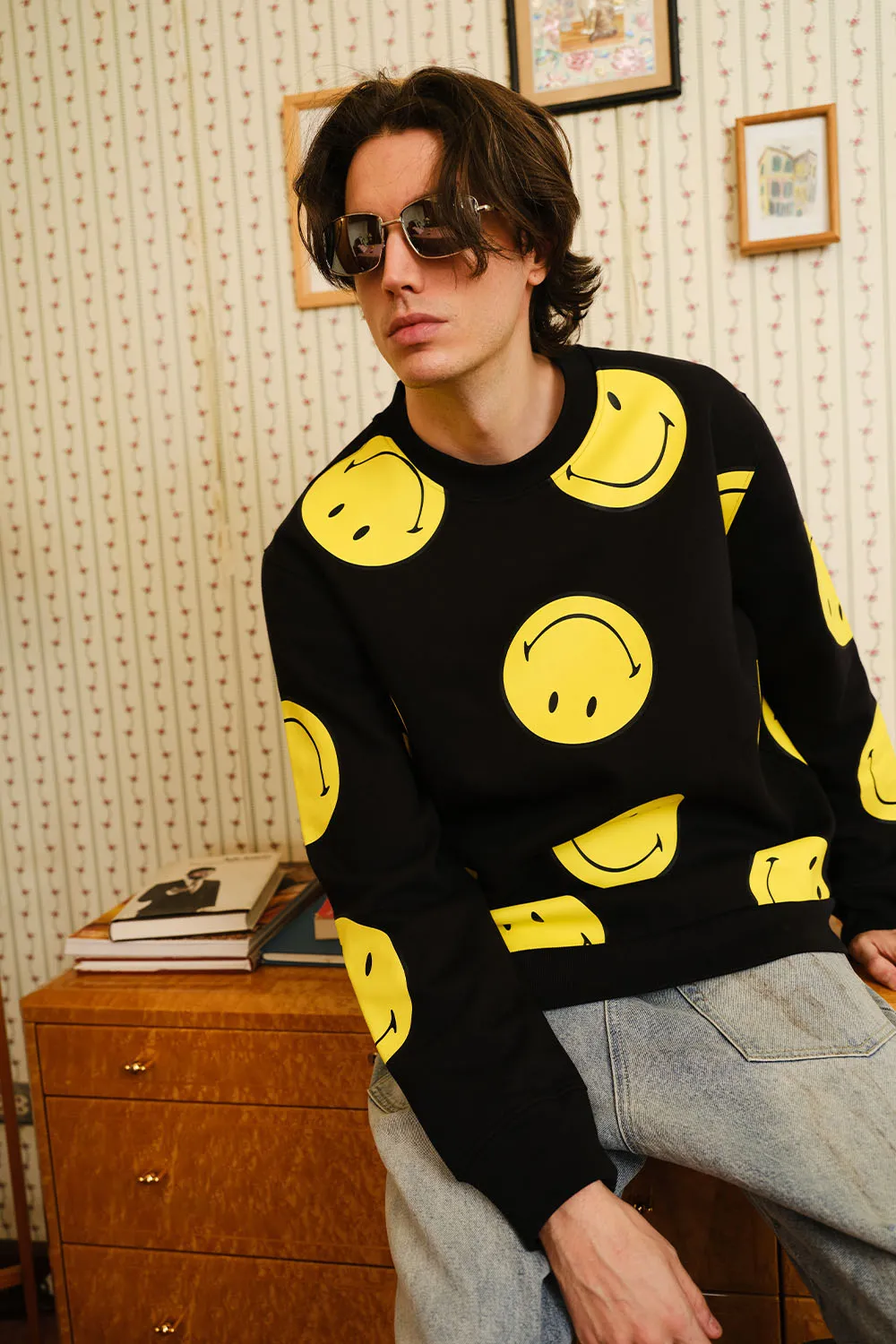 Black Smiley Originals All Over Sweatshirt