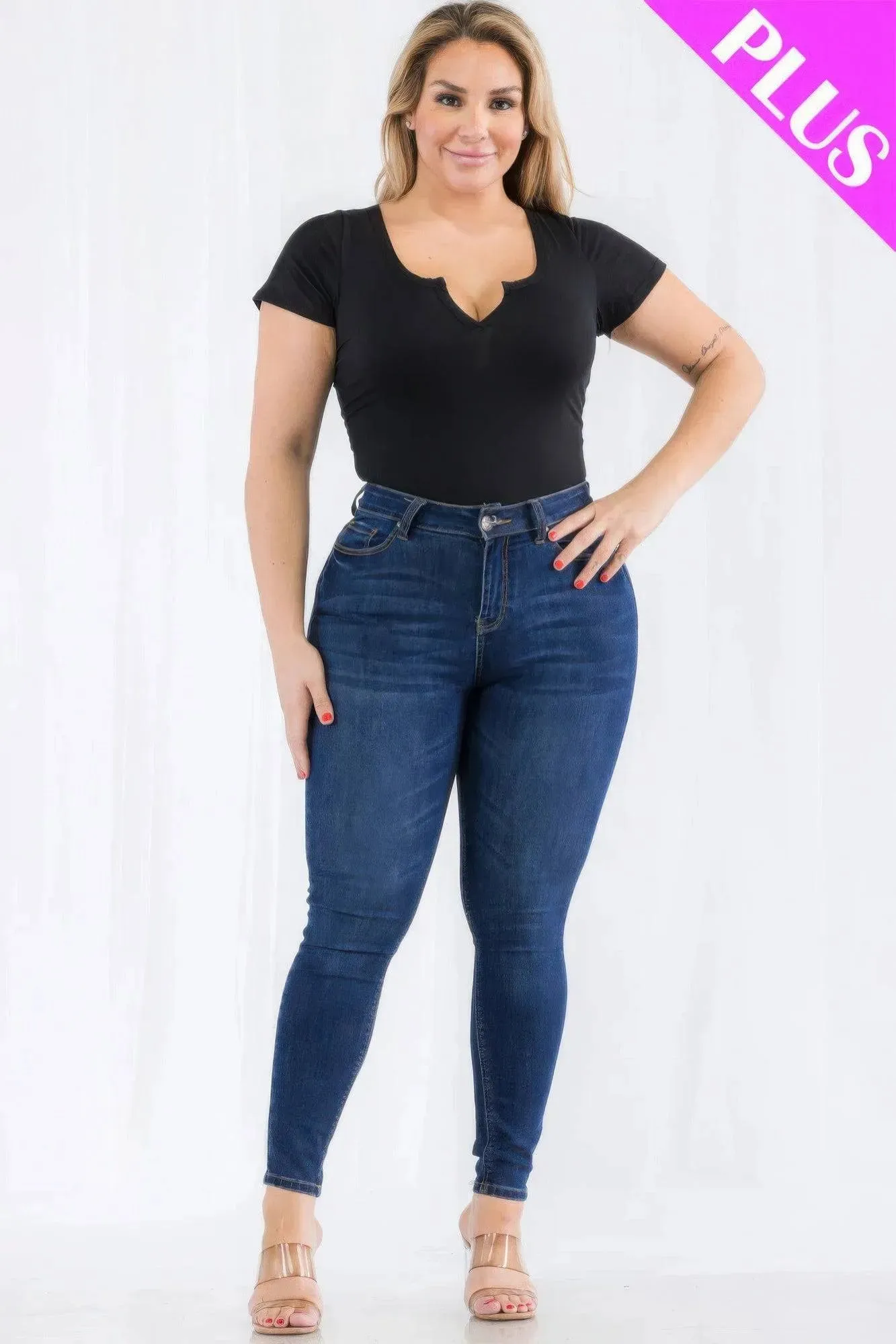 Black Split Neck Plus Size Bodysuit