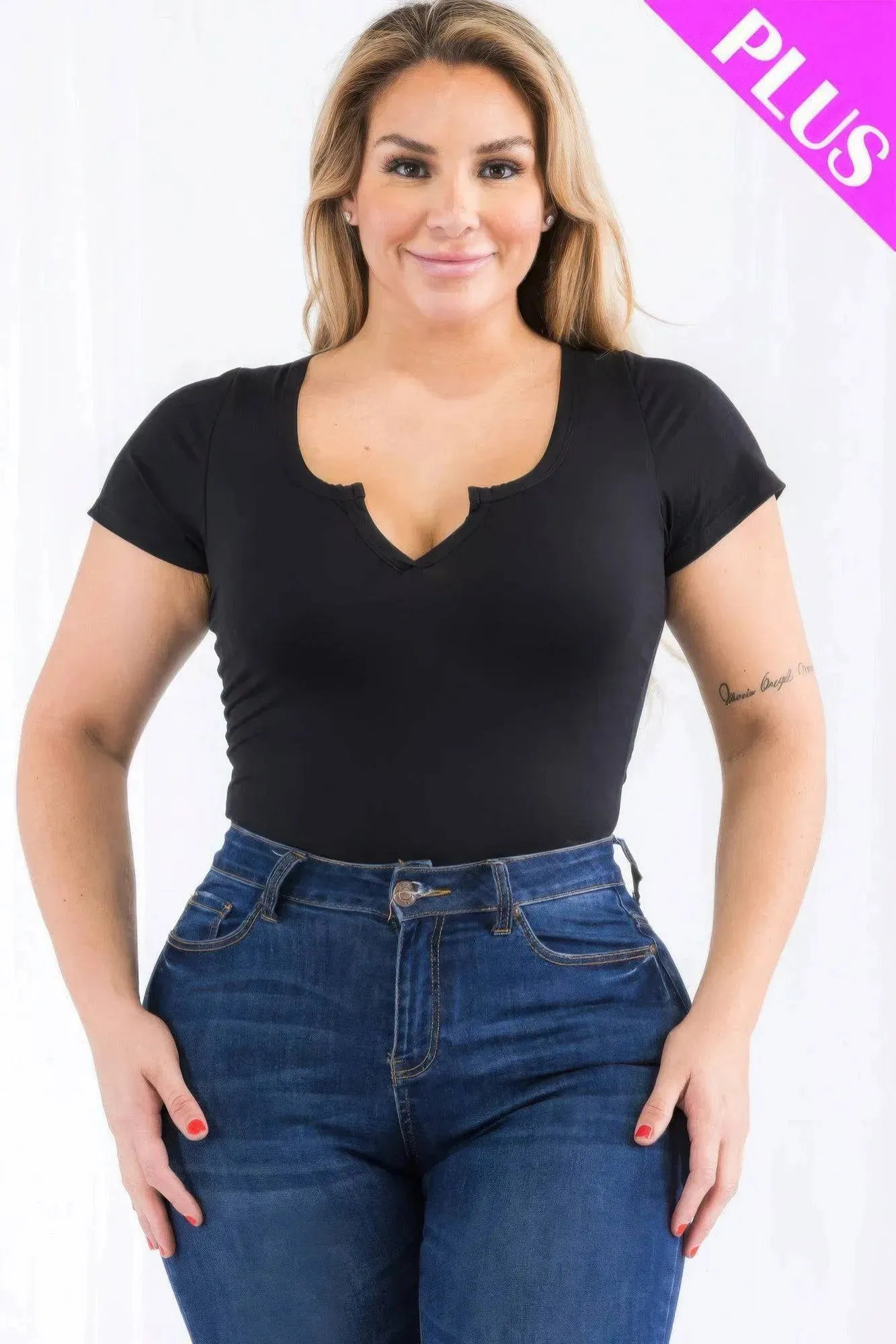 Black Split Neck Plus Size Bodysuit