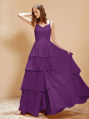 Boho V-neck Floor-length Dress Flowy Ruffles Grape