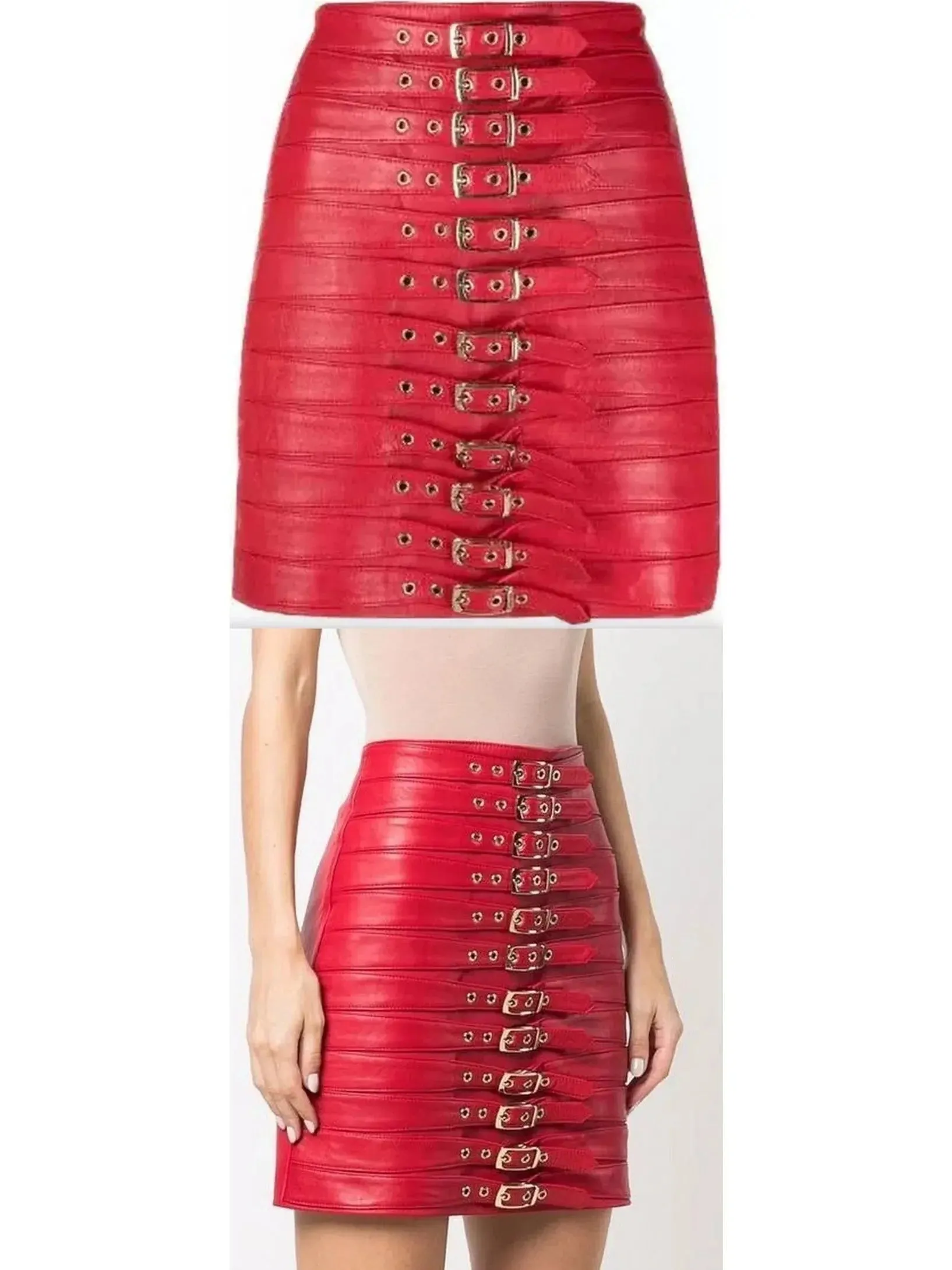 Buckle-Detail Leather Mini Skirt, Red