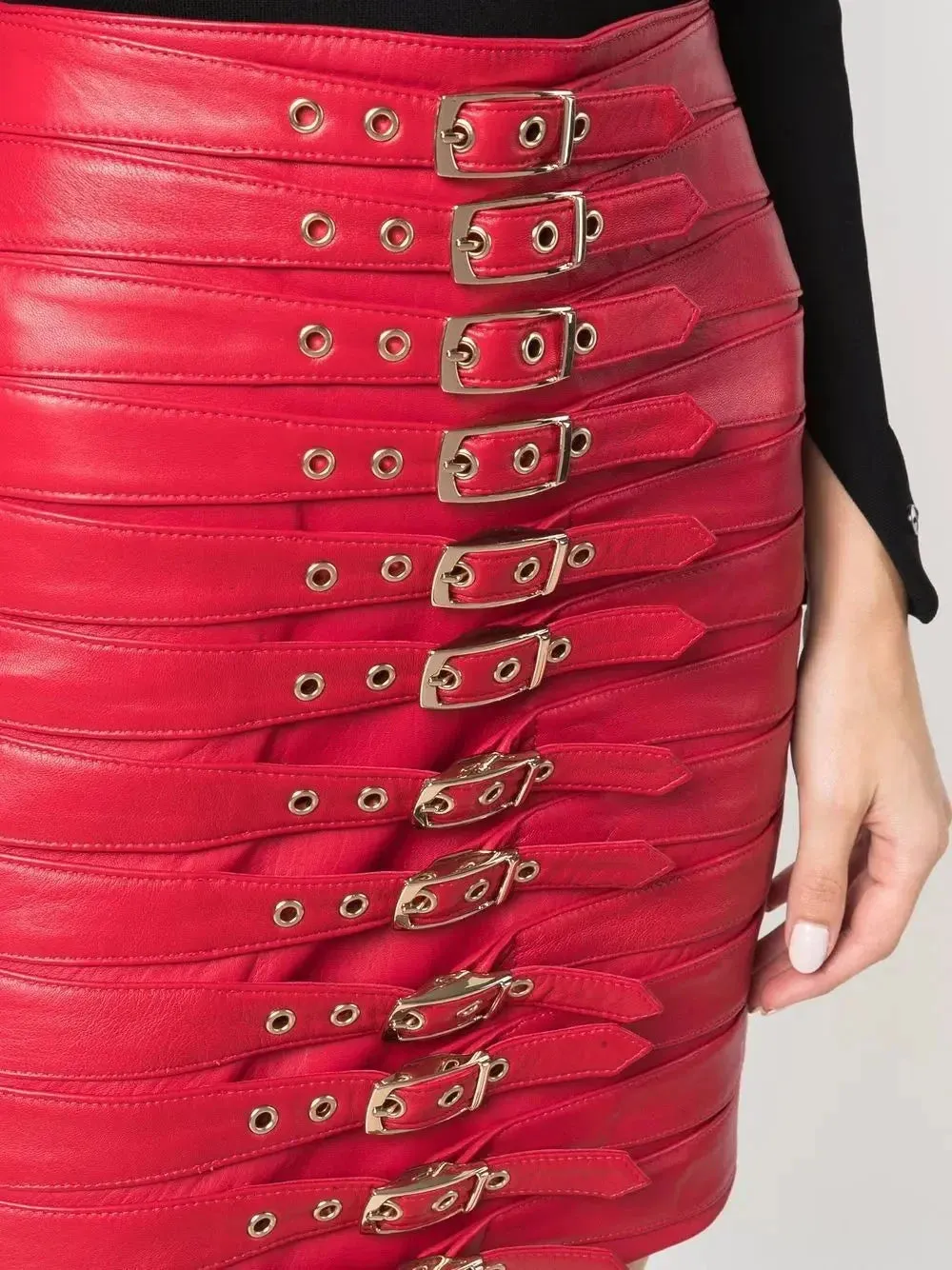 Buckle-Detail Leather Mini Skirt, Red