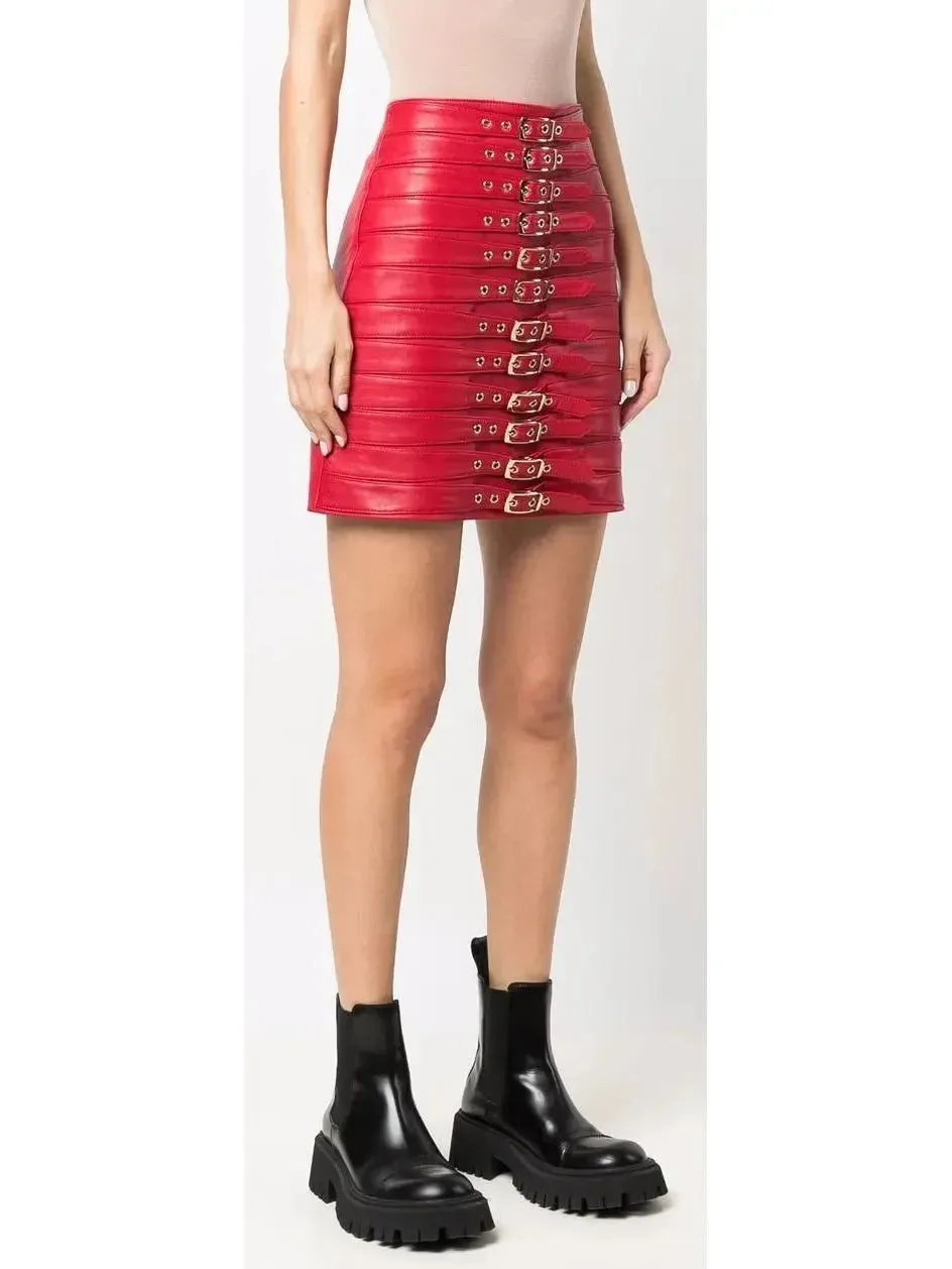 Buckle-Detail Leather Mini Skirt, Red