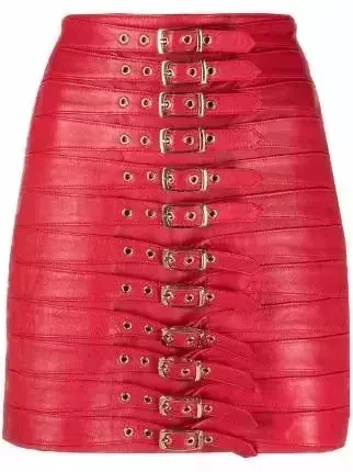 Buckle-Detail Leather Mini Skirt, Red