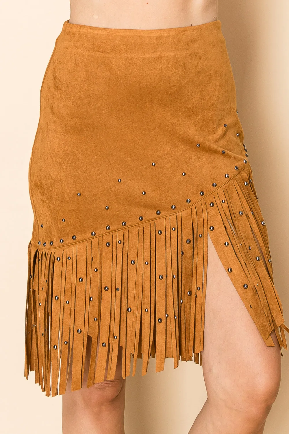 Camel Brown Faux Suede Fringed Skirt w/ Studs