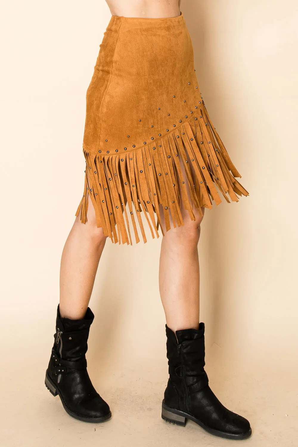 Camel Brown Faux Suede Fringed Skirt w/ Studs