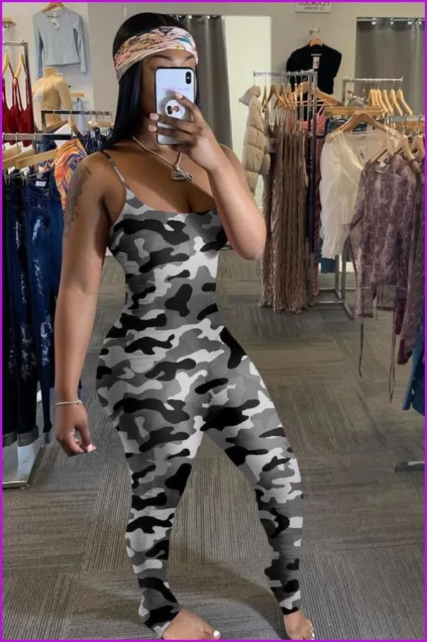 Camouflage Straps Sleeveless Skinny Jumpsuit For WomenDE970