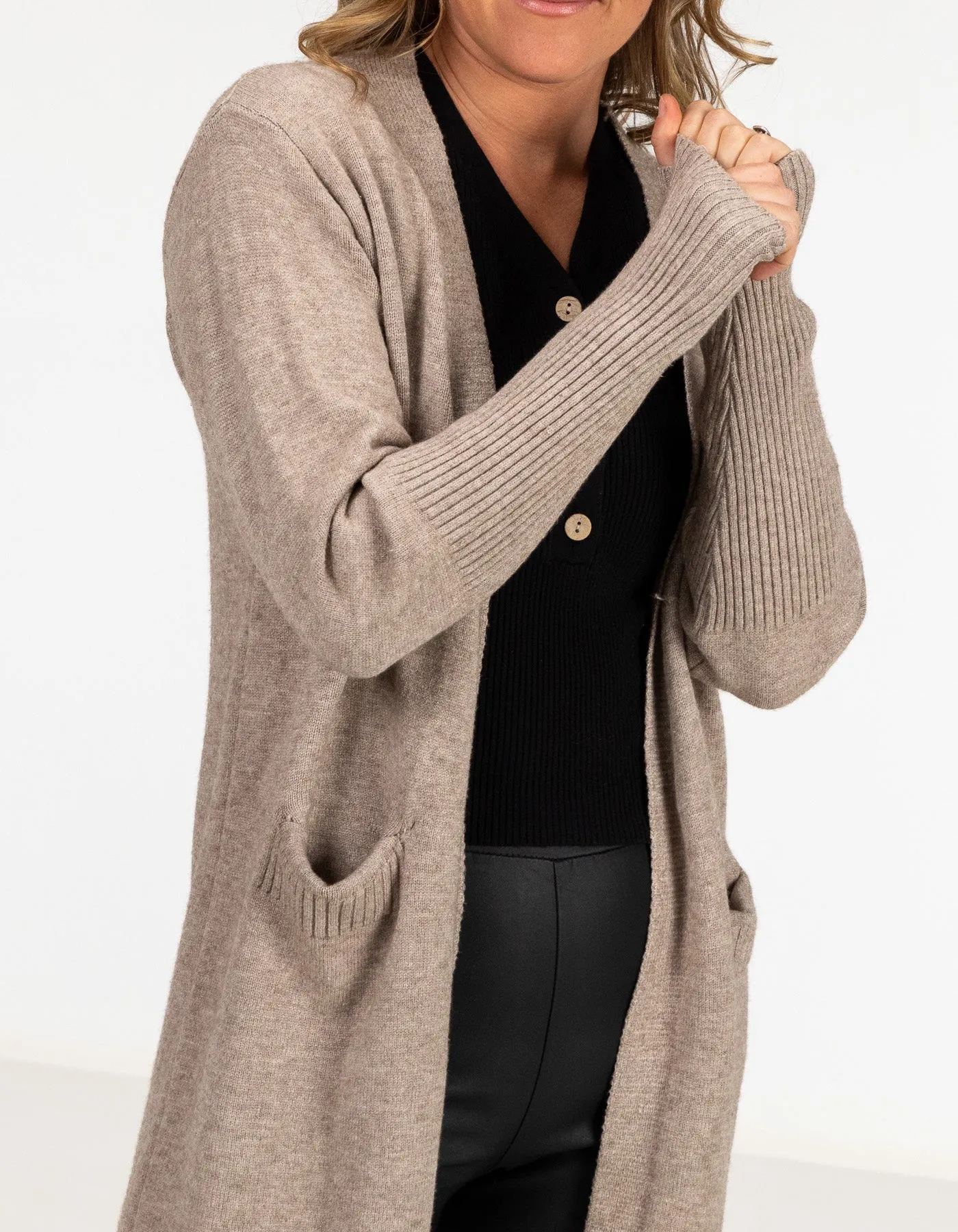 Chelsea Edge to Edge Cardigan with Pockets in Mocha