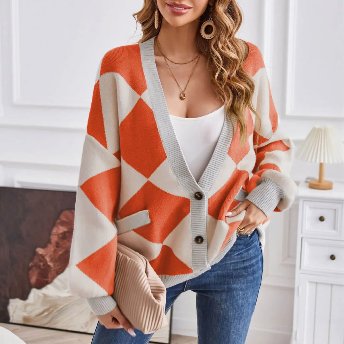 College Deep V Neck Button Front Bishop Sleeve Rhombus Oversized Knit Cardigan