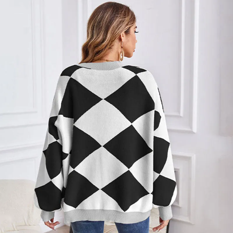 College Deep V Neck Button Front Bishop Sleeve Rhombus Oversized Knit Cardigan