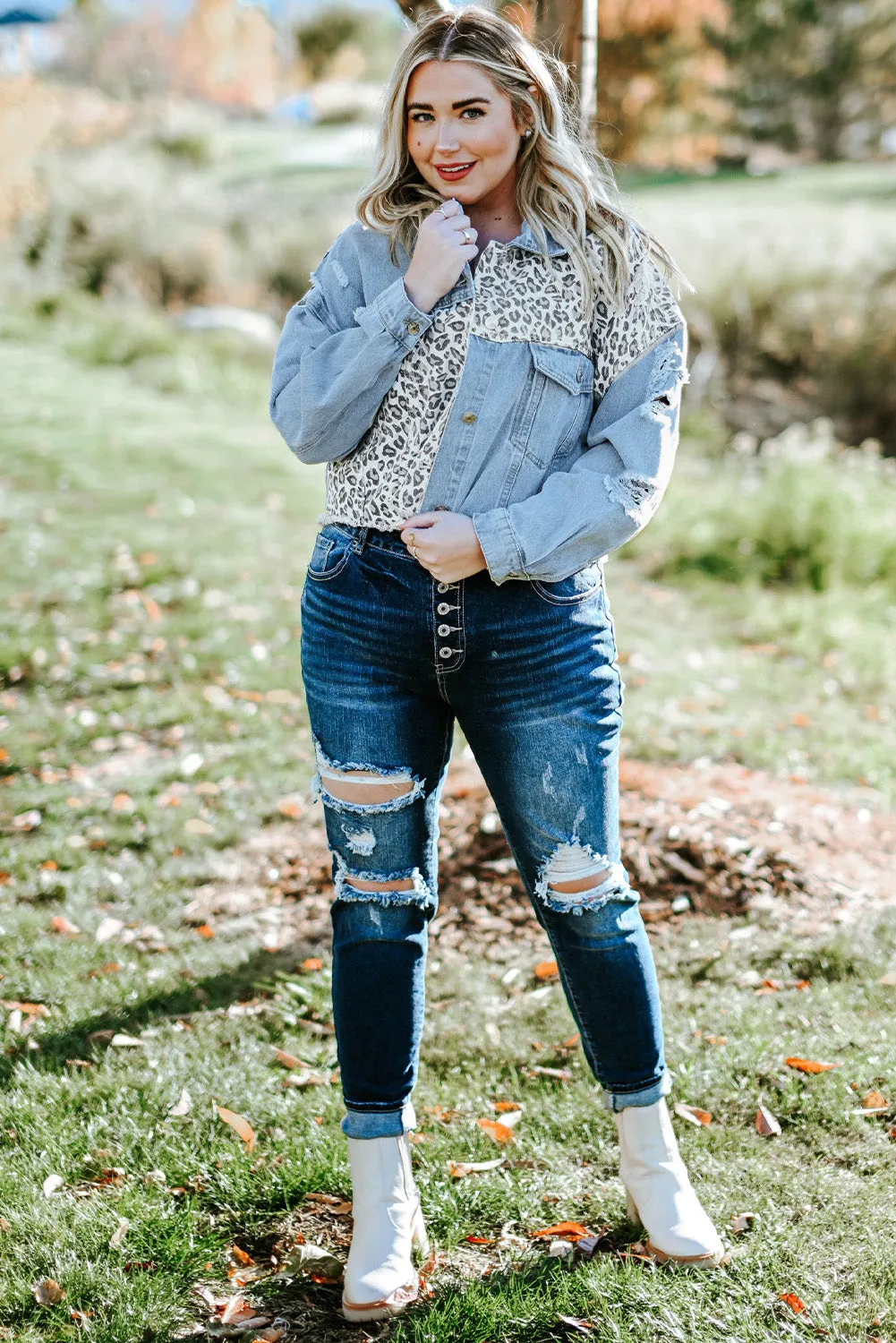 Date Night Leopard Distressed Denim Jacket (Curvy)