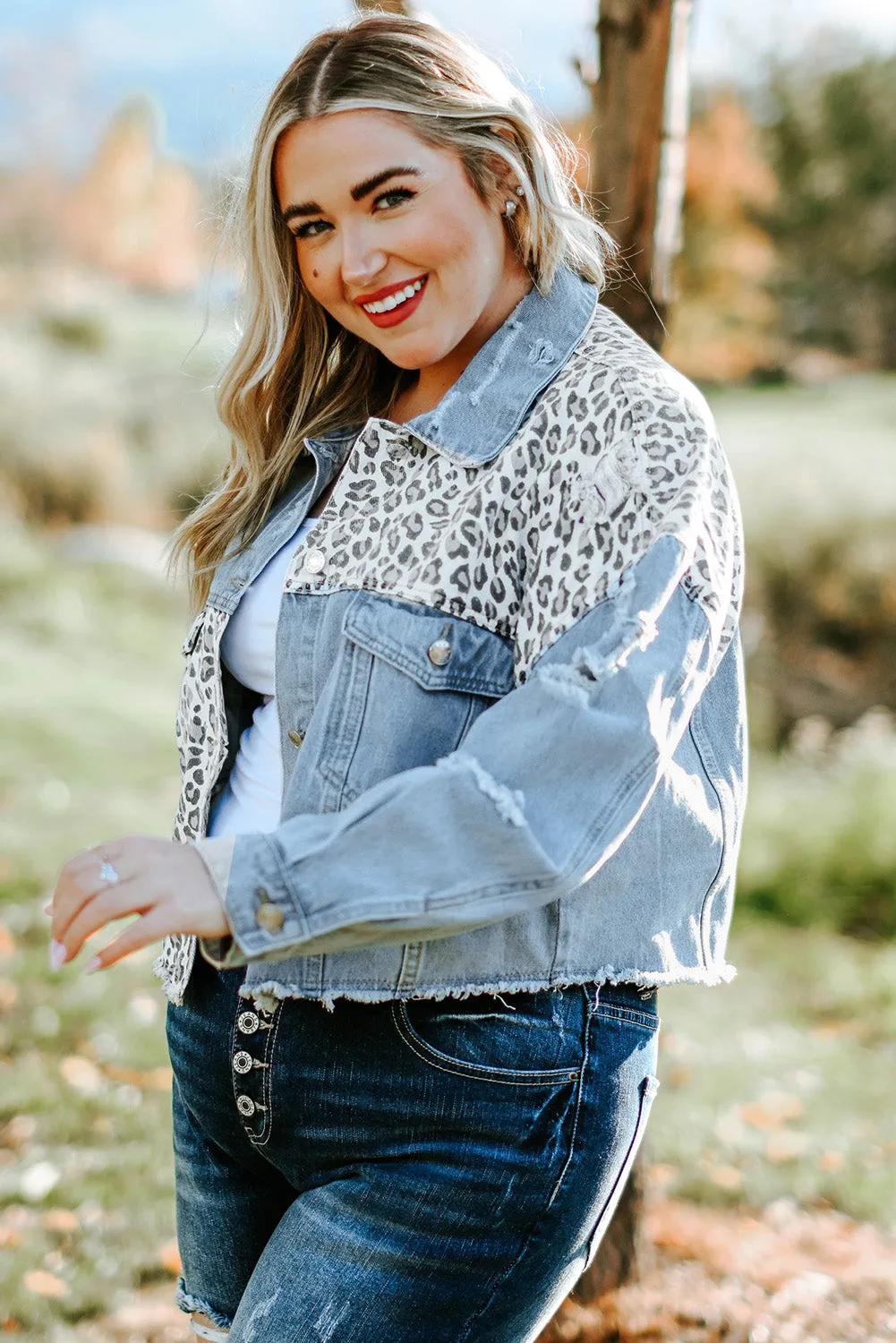 Date Night Leopard Distressed Denim Jacket (Curvy)