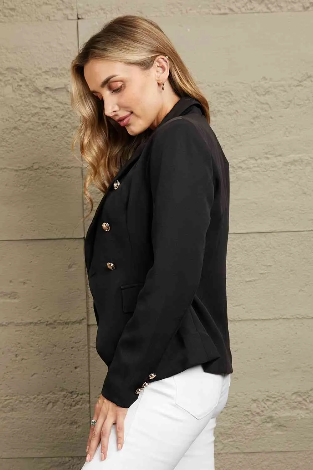 Double Take Double-Breasted Padded Shoulder Blazer