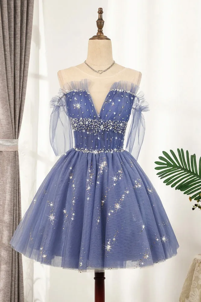 Flowy Cute A-line Blue Homecoming Dress Short Beading Prom Dress OK918