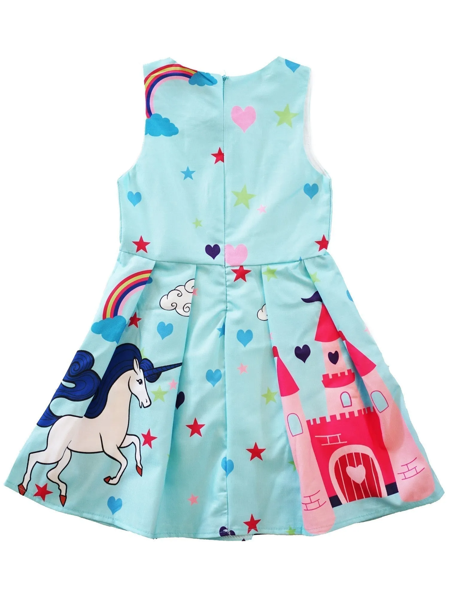 Girls Blue Rainbow Unicorn Print Bow A-Line Cotton Dress 9M-8