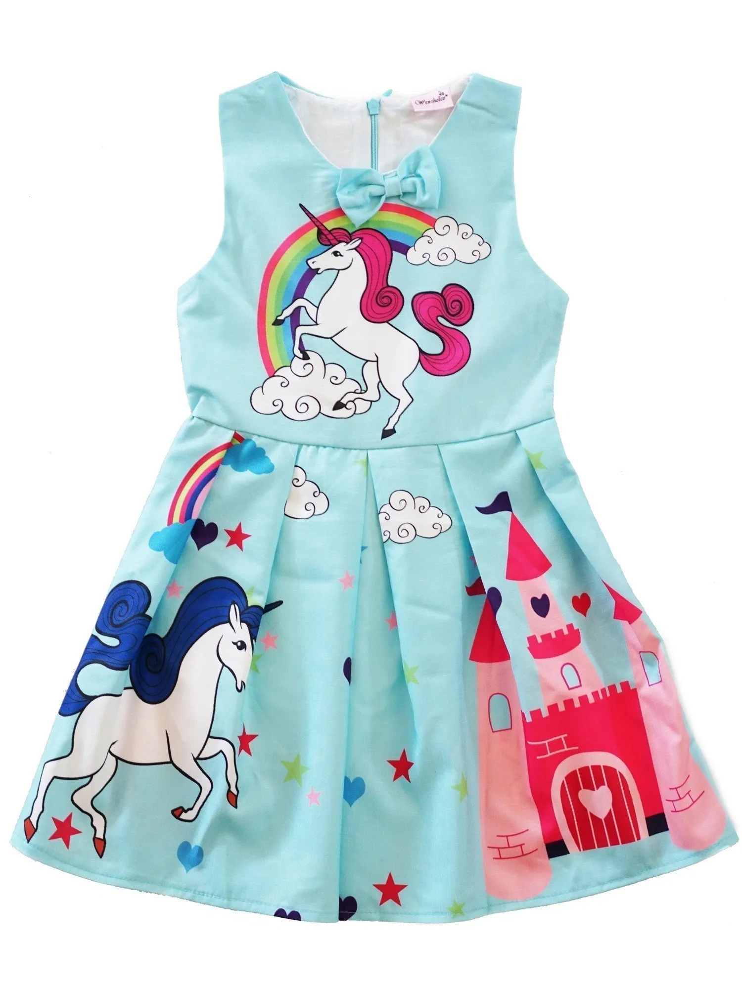 Girls Blue Rainbow Unicorn Print Bow A-Line Cotton Dress 9M-8