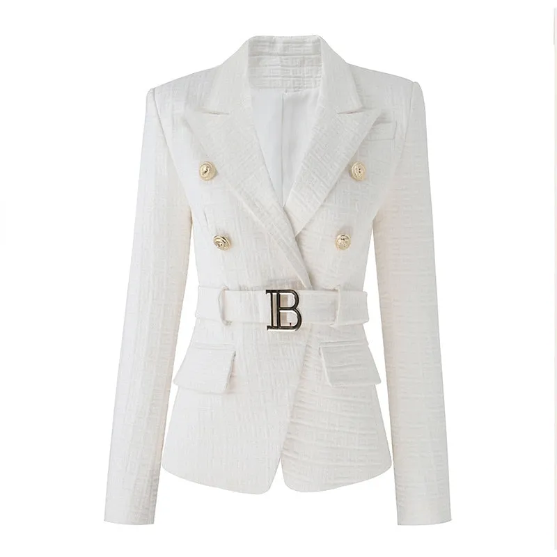 HarleyFashion New Designs Women White Texture Blazer with Belt Chic Popular Quality Femmale Bodycon Coat