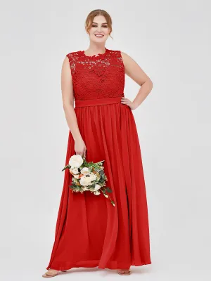 Illusion Neck Chiffon and Lace Dresses Red