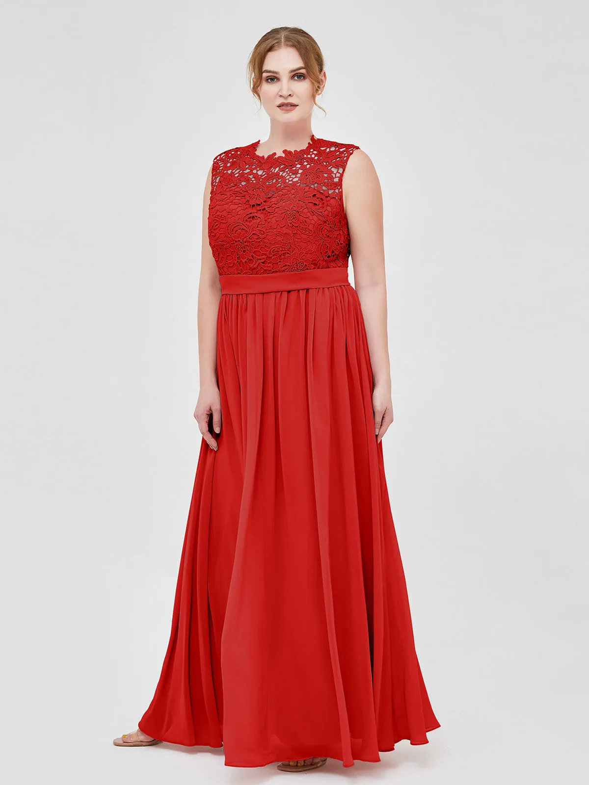 Illusion Neck Chiffon and Lace Dresses Red