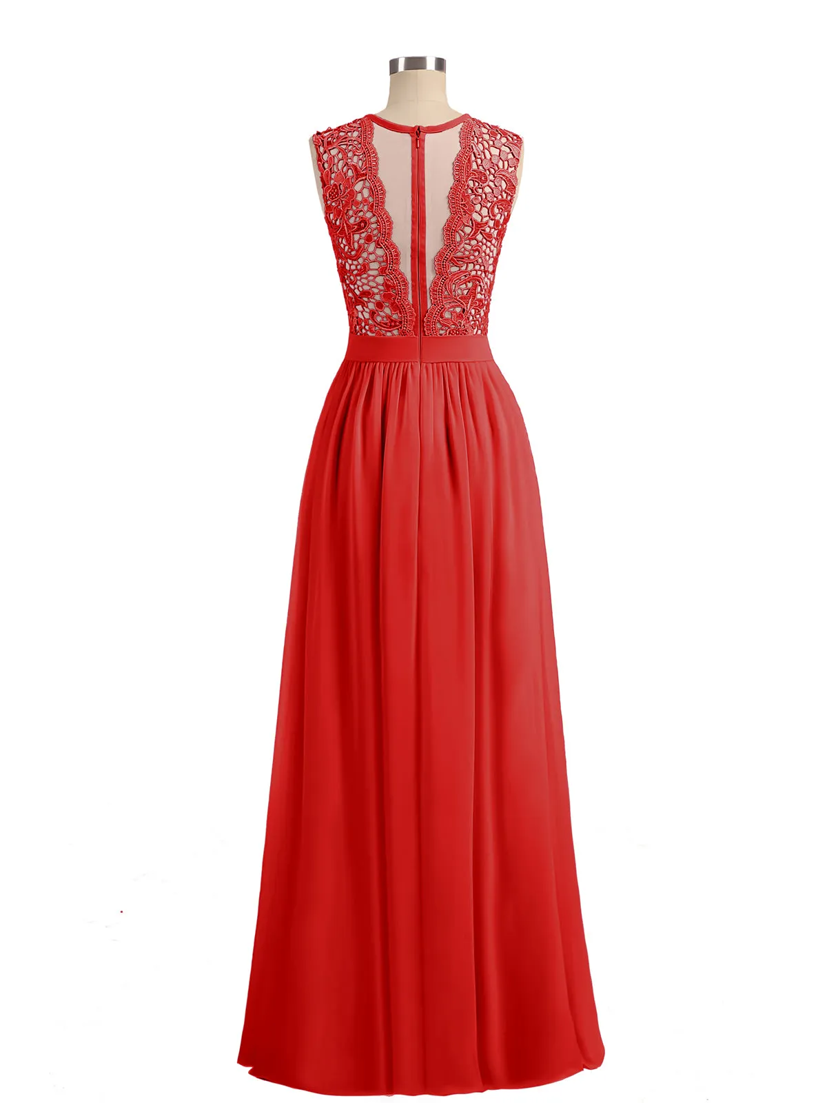 Illusion Neck Chiffon and Lace Dresses Red