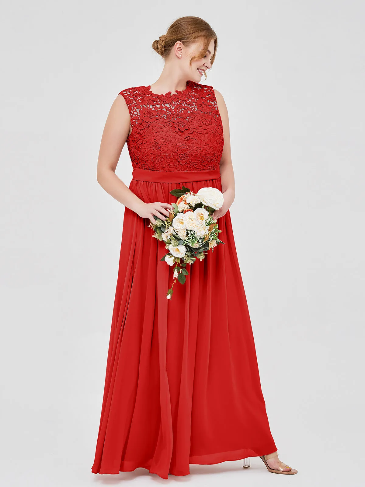 Illusion Neck Chiffon and Lace Dresses Red