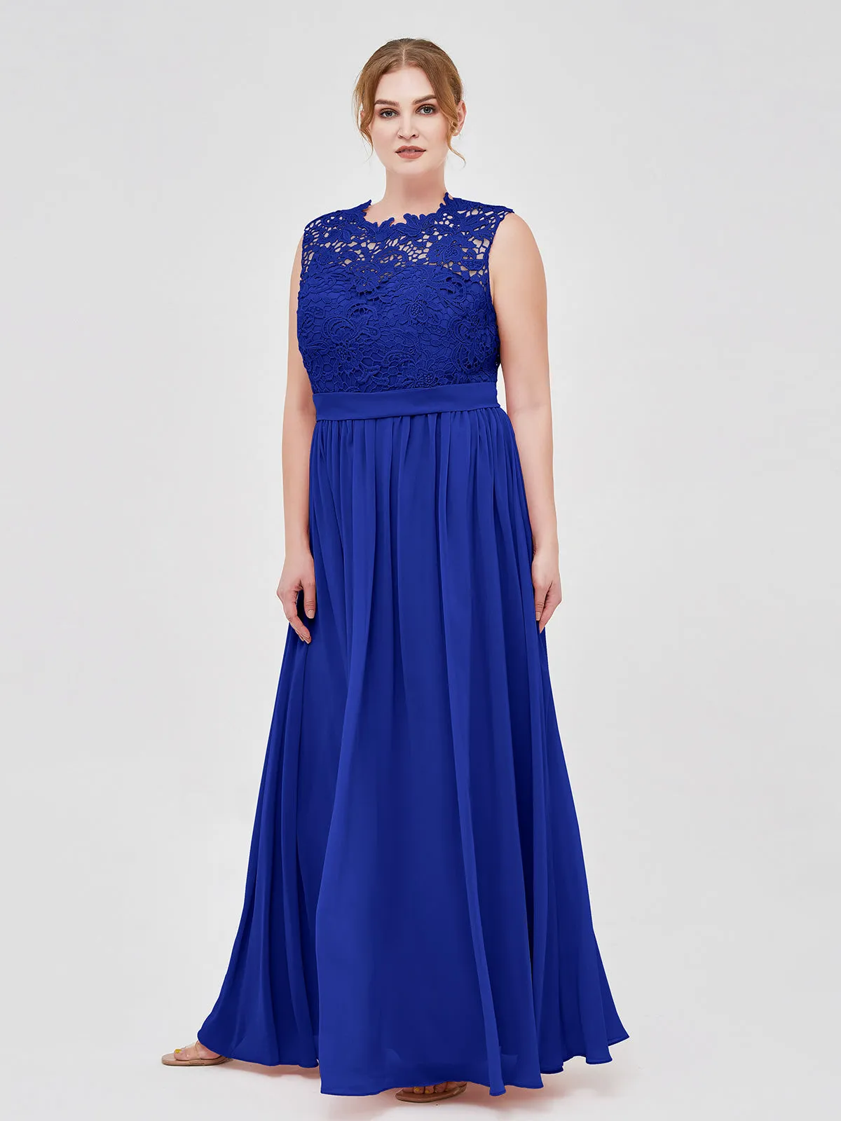 Illusion Neck Chiffon and Lace Dresses Royal Blue