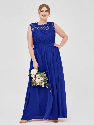 Illusion Neck Chiffon and Lace Dresses Royal Blue