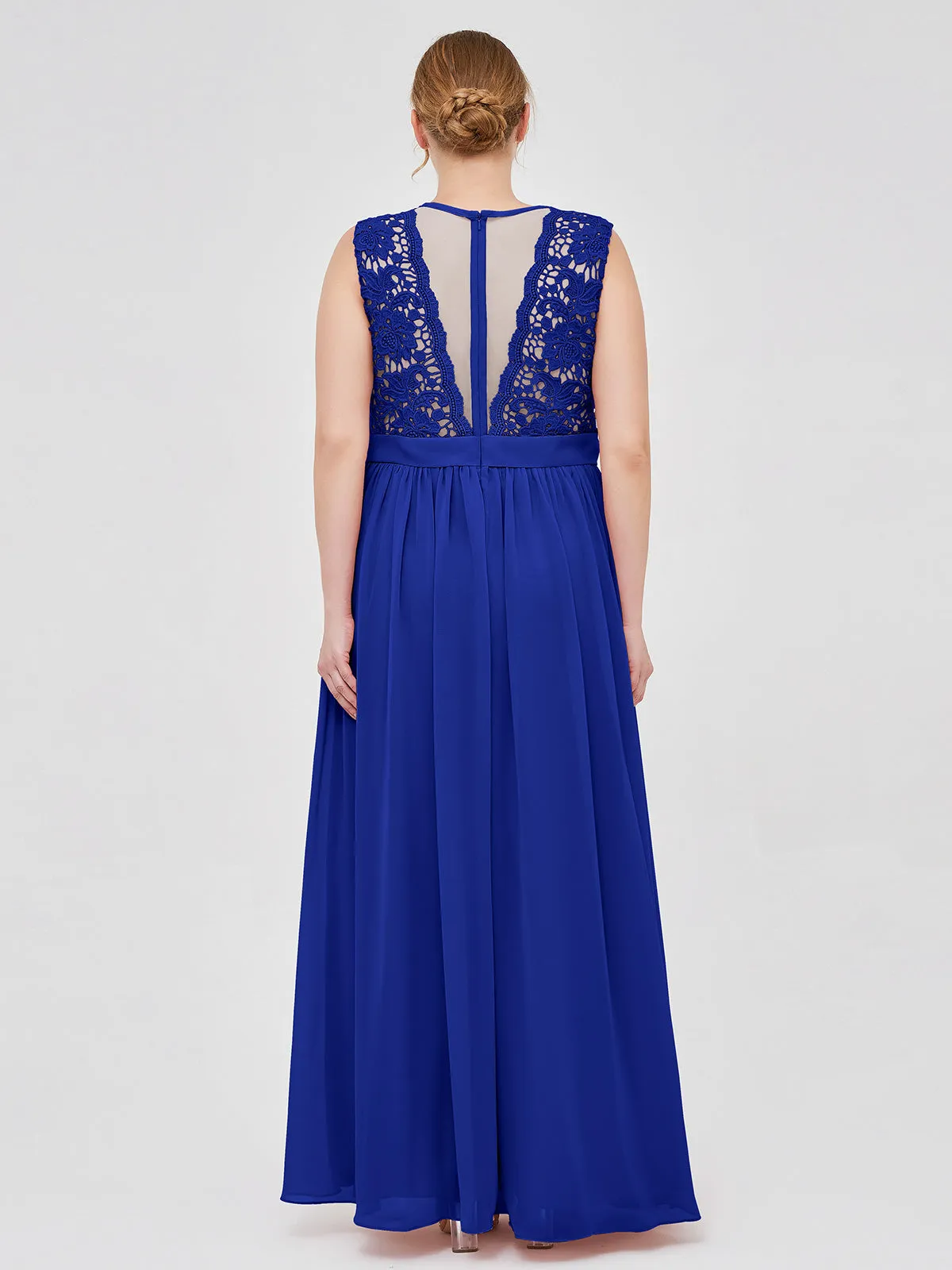 Illusion Neck Chiffon and Lace Dresses Royal Blue