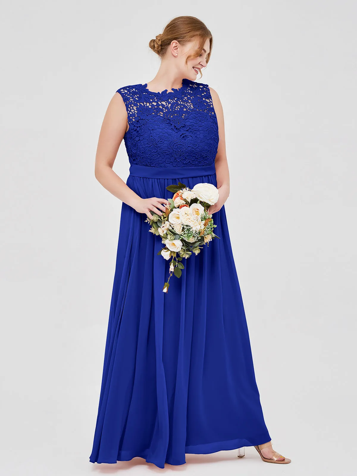 Illusion Neck Chiffon and Lace Dresses Royal Blue