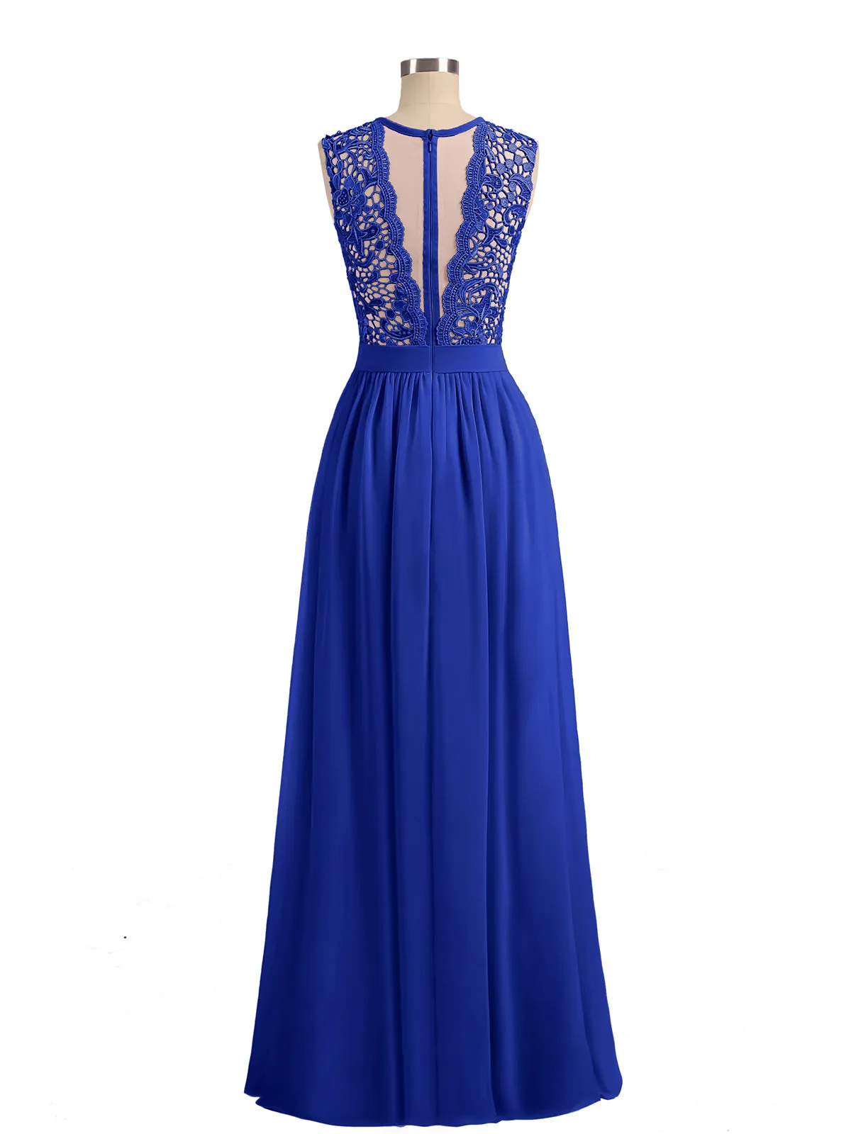 Illusion Neck Chiffon and Lace Dresses Royal Blue