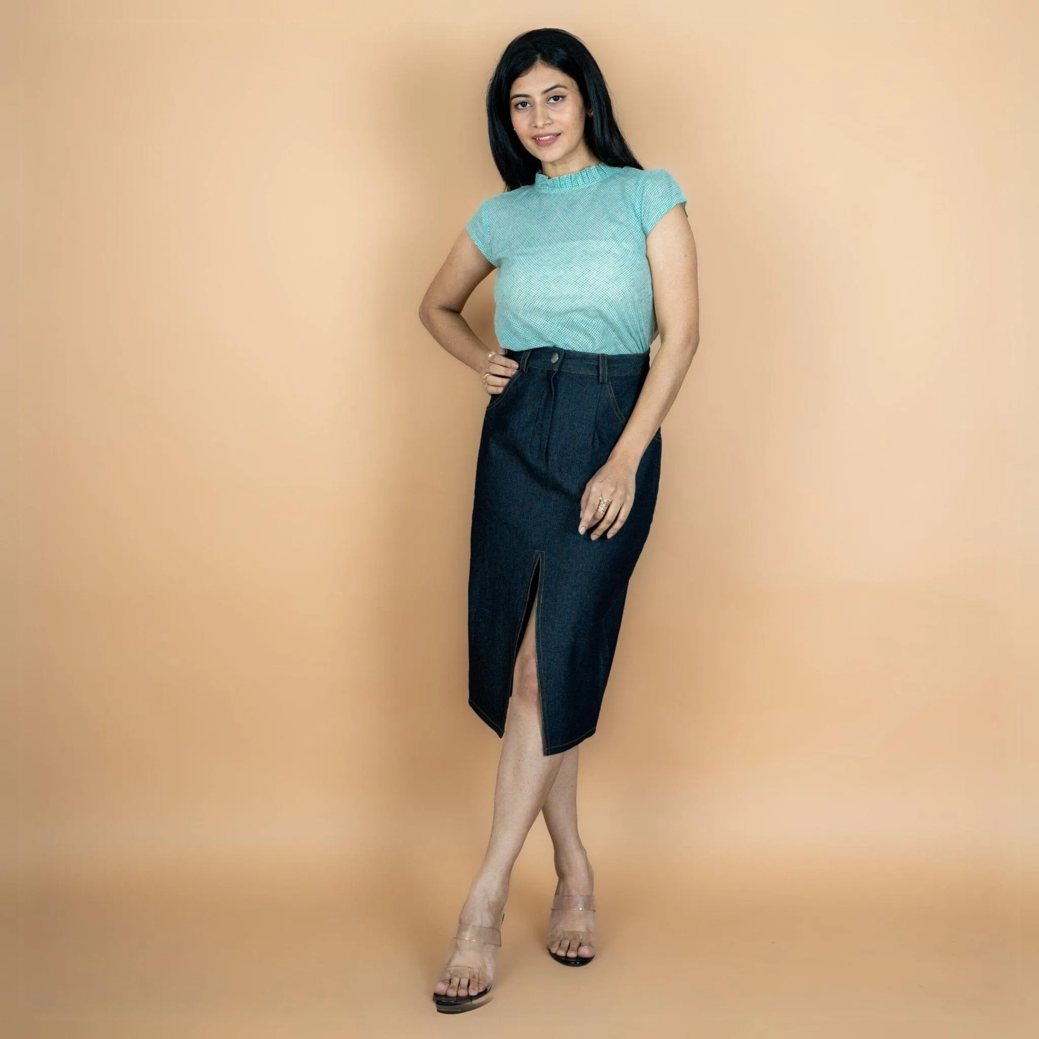 Indigo Cotton Denim High-Rise Midi Pencil Skirt