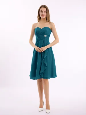 Knee Length Chiffon Dress with Sweetheart Neck-Ink Blue