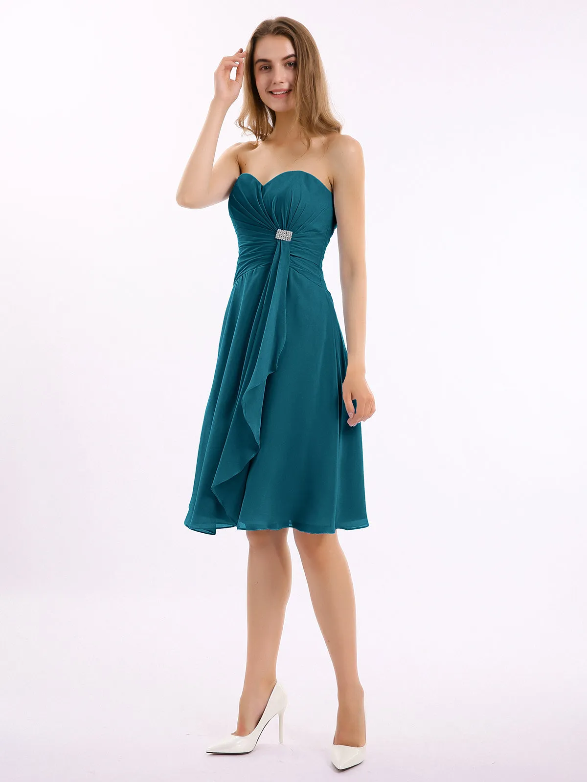 Knee Length Chiffon Dress with Sweetheart Neck-Ink Blue