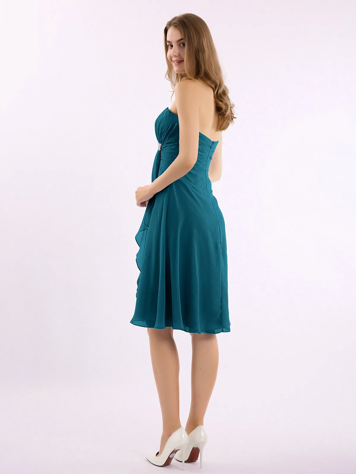 Knee Length Chiffon Dress with Sweetheart Neck-Ink Blue