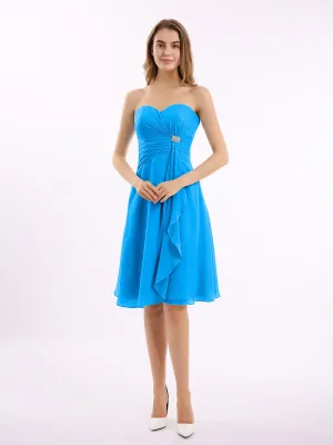 Knee Length Chiffon Dress with Sweetheart Neck-Ocean Blue