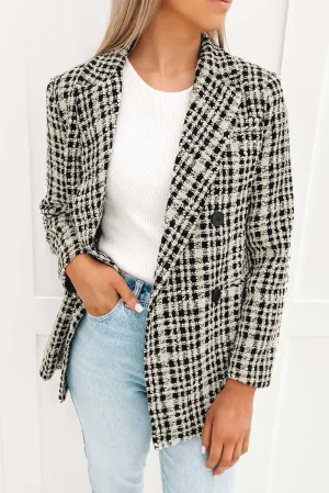 Lapel Collar Buttoned Gingham Tweed Blazer