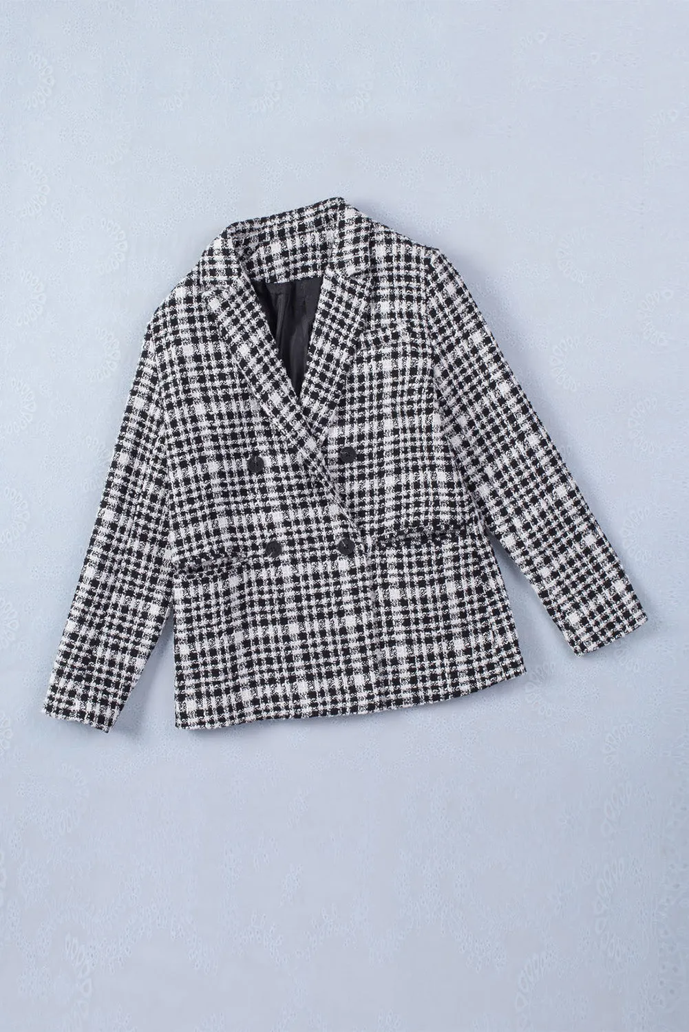 Lapel Collar Buttoned Gingham Tweed Blazer