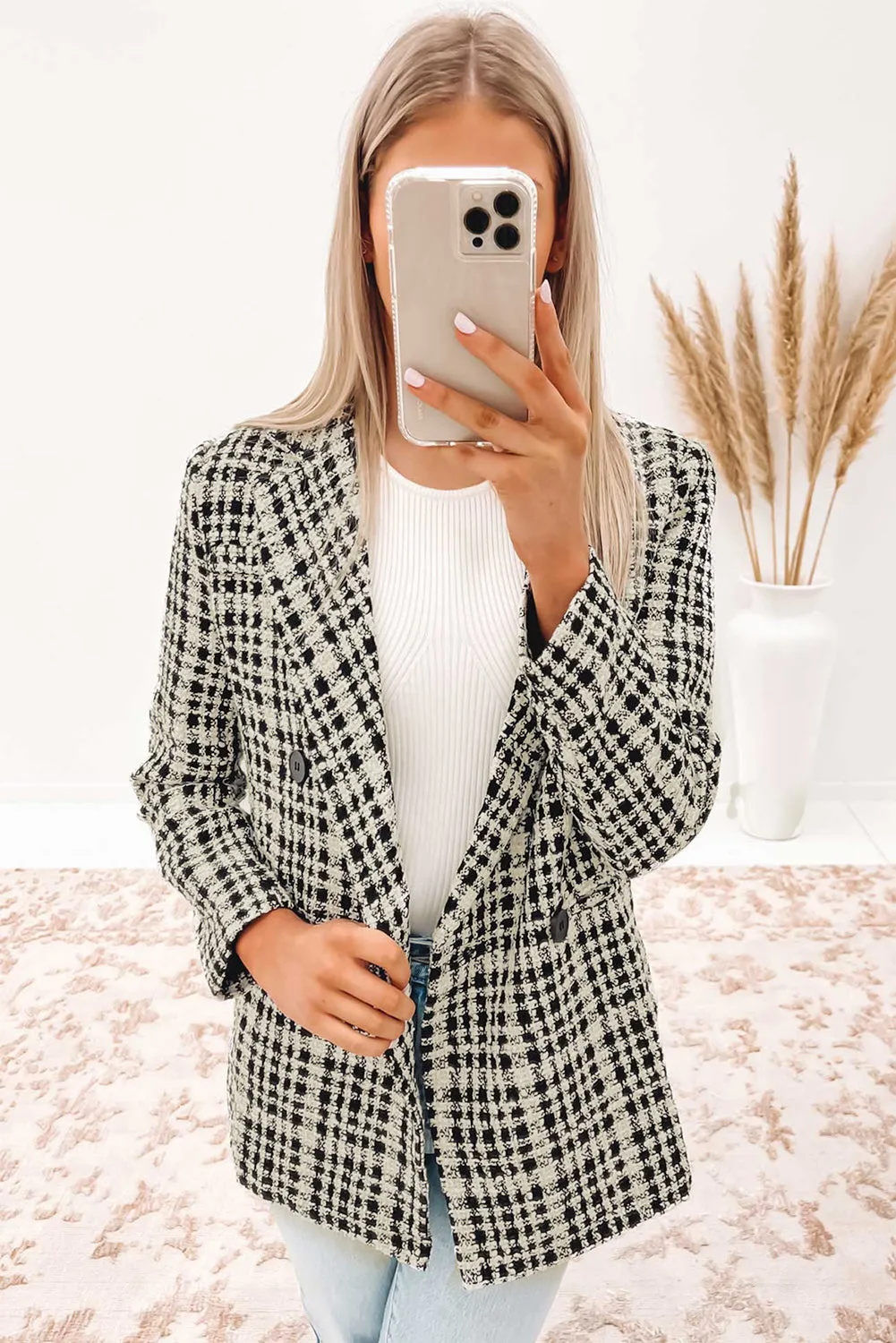 Lapel Collar Buttoned Gingham Tweed Blazer