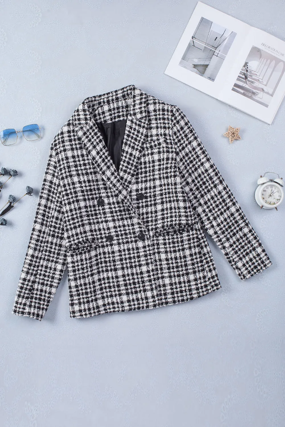 Lapel Collar Buttoned Gingham Tweed Blazer