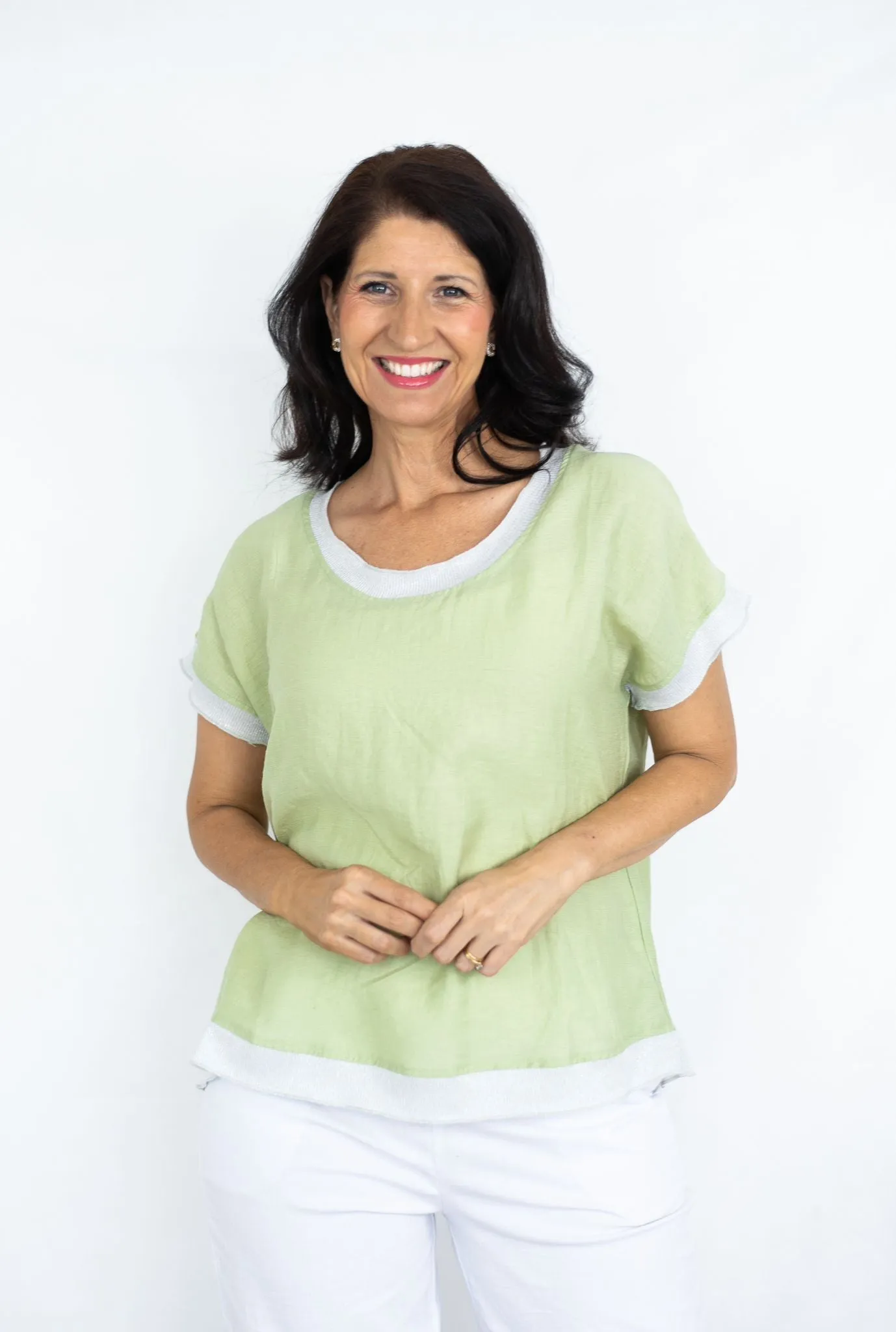 LINNEN RAY GLITTER TRIM TOP