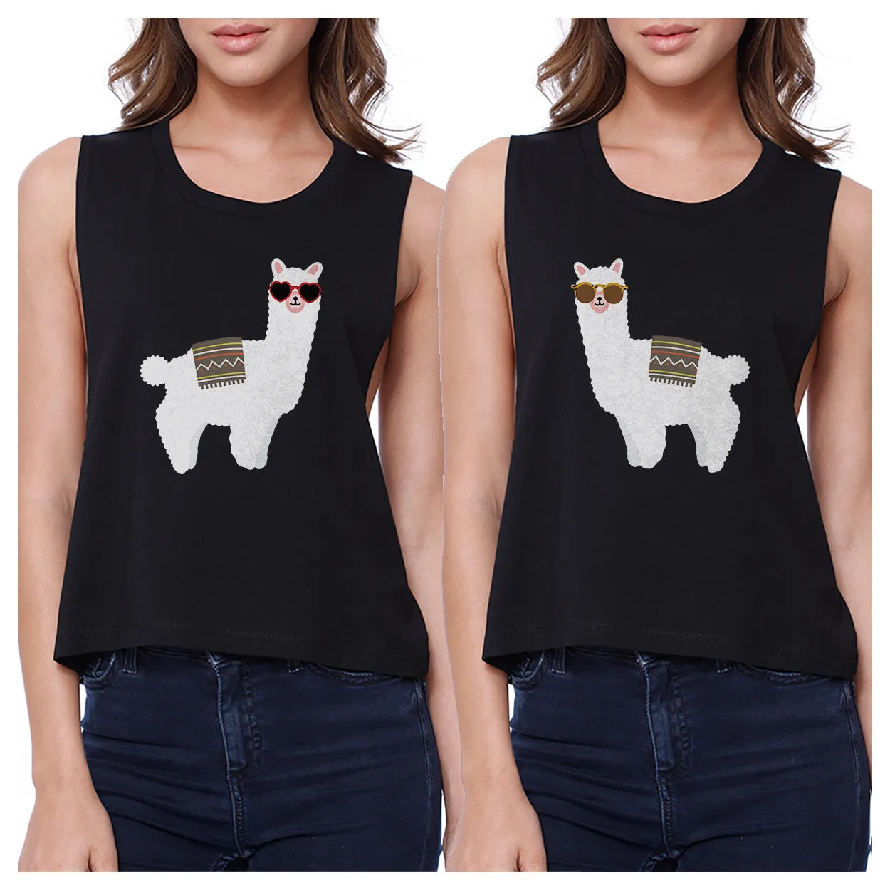 Llamas With Sunglasses BFF Matching Black Crop Tops