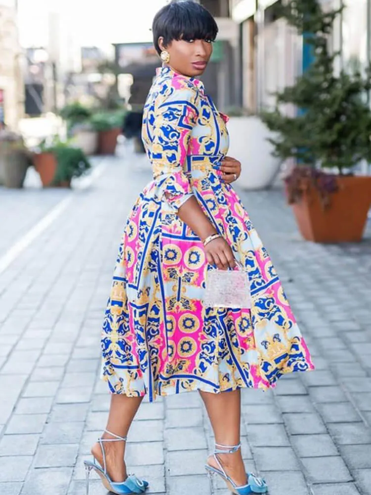 Long Sleeve V Neck Floral Print Midi Dresses