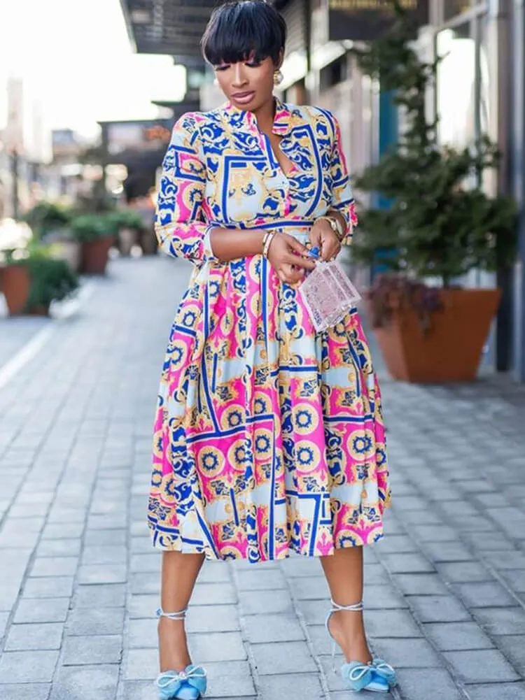 Long Sleeve V Neck Floral Print Midi Dresses