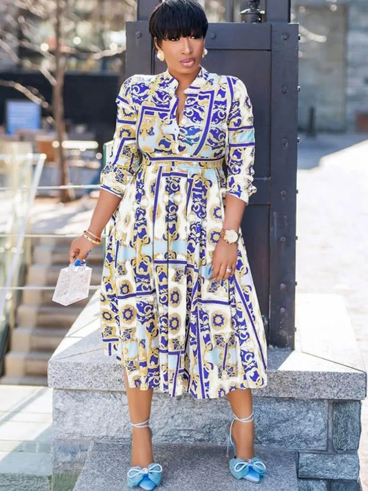 Long Sleeve V Neck Floral Print Midi Dresses