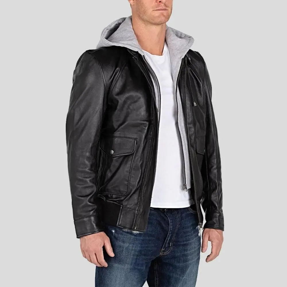 Marc Black Removable Hooded Leather Jacket for Men